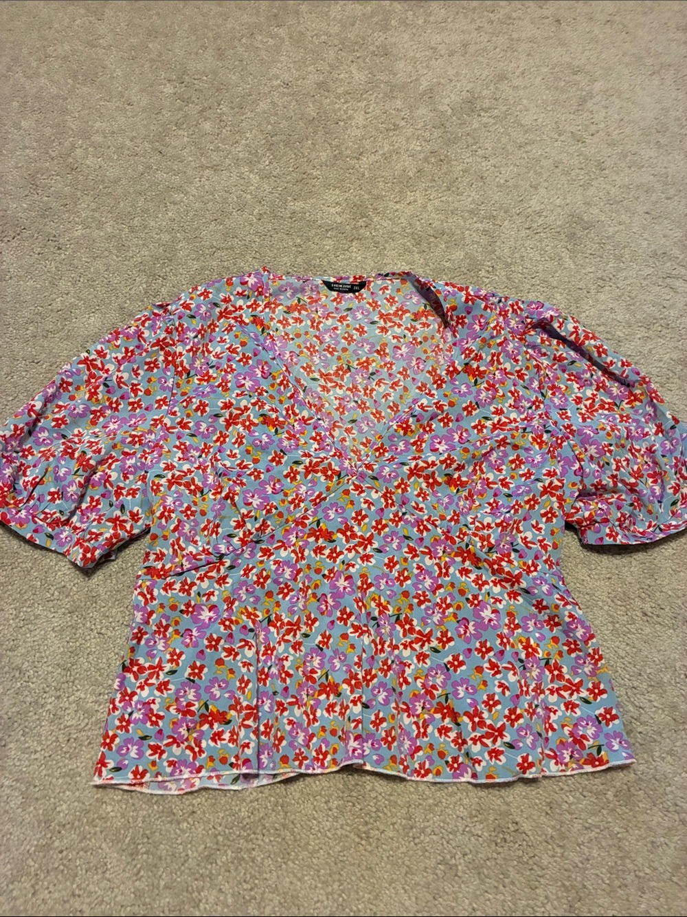 SHEIN Light Blue Floral V-Neck Peplum Top
